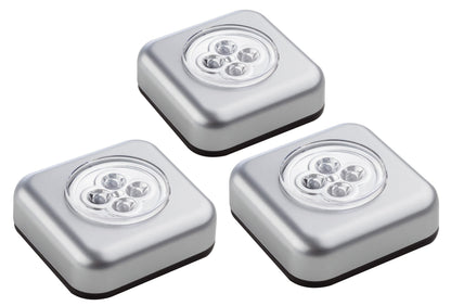Müller-Licht 400136 LED Battery Pressure Light Set of 3 Including Adhesive Pad and 3 AAA Batteries 0.5 Watt Plastic Silver 6.8 x 6.8 x 2.5 cm