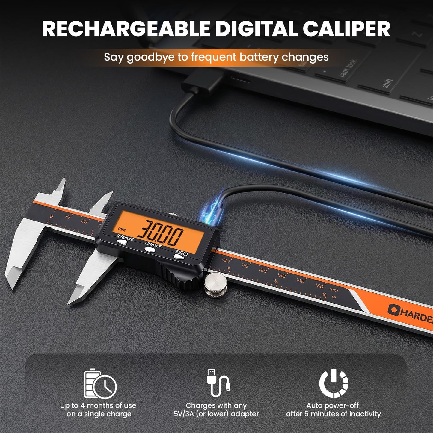 HARDELL Digital Caliper, Rechargeable Caliper Measuring Tool with Large Orange Screen, Stainless Steel Digital Micrometer with Auto-Off Feature -Inch/MM/Fraction for DIY/Household/3D-Printing