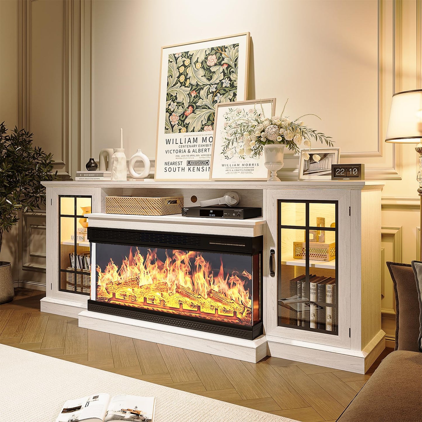 MXV 70'' Fireplace TV Stand, Farmhouse Entertainment Center with 3 Sided Glass TV Stand, Modern Media Console Table with Storage Drawers & Cabinets with LED Flame and Lights for Living Room, White