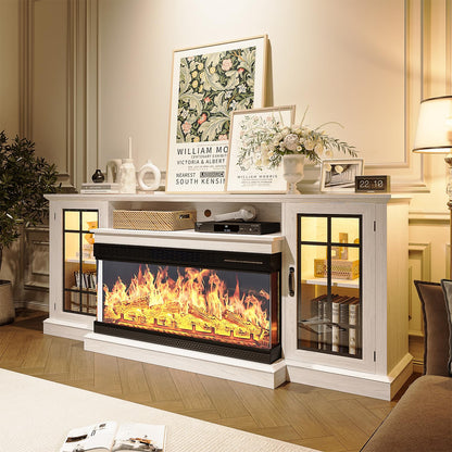 MXV 70'' Fireplace TV Stand, Farmhouse Entertainment Center with 3 Sided Glass TV Stand, Modern Media Console Table with Storage Drawers & Cabinets with LED Flame and Lights for Living Room, White