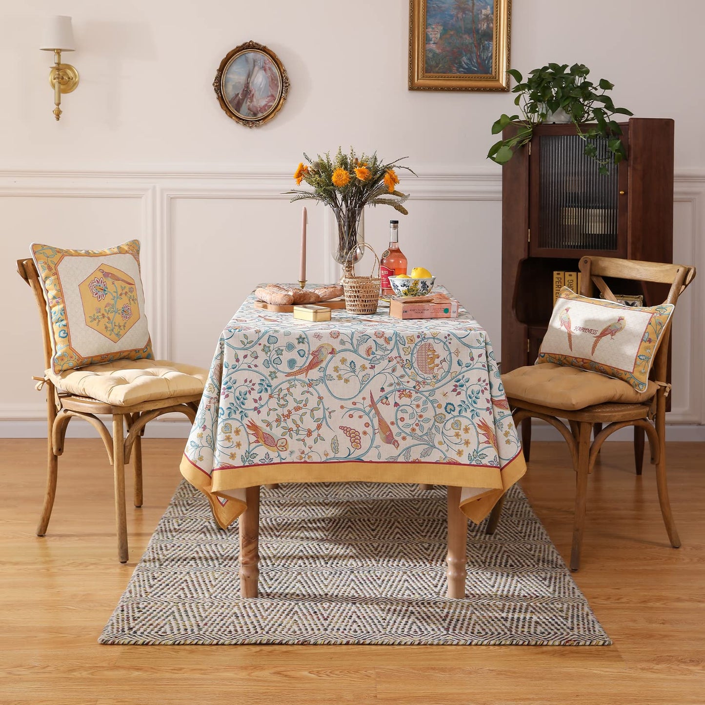 patdrea Designer Yellow French Spring Summer Tablecloth,Rustic Linen Floral Birds Pattern Table Cloth for Square Tables,Decor Table Cover for Kitchen Dining Holiday Banquet,Christmas,55"*55"