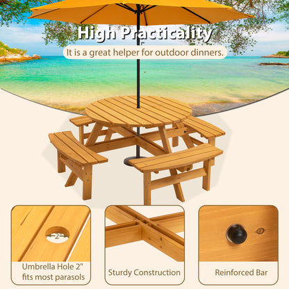 VroomAuto 8 Person Picnic Table Set with Benches, Solid Fir Wood Outdoor Dining Set, 43.3 Inch Round Table and 4 Foldable Benches for Patio Garden Camping, Natural Finish