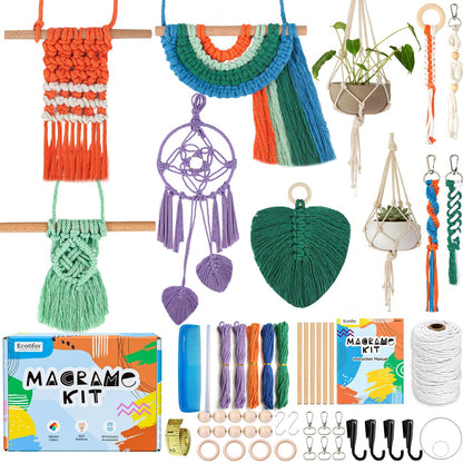 Ecoofor Macrame Kits for Beginners with 366 Feet 3 mm Macrame Cotton Cord, DIY Plant Hanger Kit with Supplies and Instructions, Macrame Beads, Wooden Rings, Dream Catcher Rings