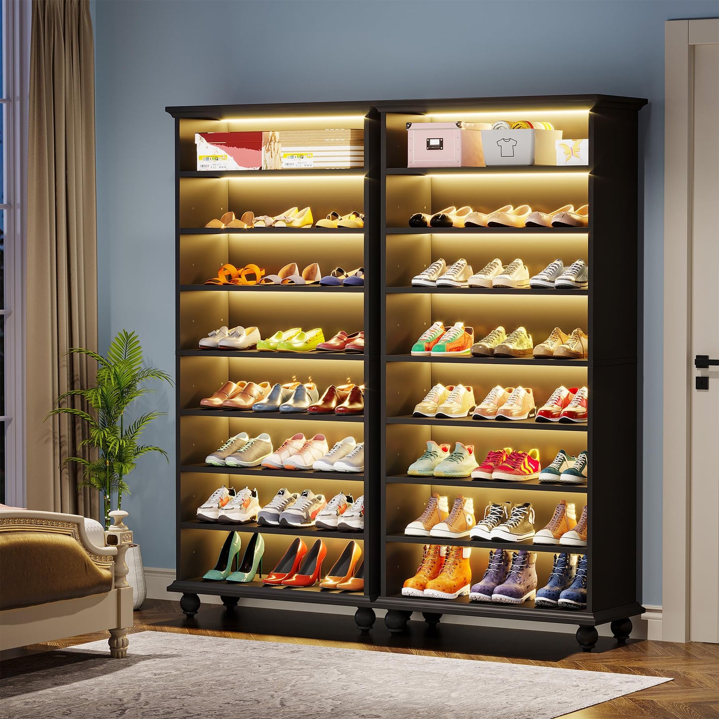Tribesigns Narrow Tall Shoe Cabinet with LED Lighting, 9-Tier 30 Pairs Freestanding Shoes Storage Cabinet, Wood Shoe Organizer Cabinet with Solid Wooden Legs for Entryway (2, Black)