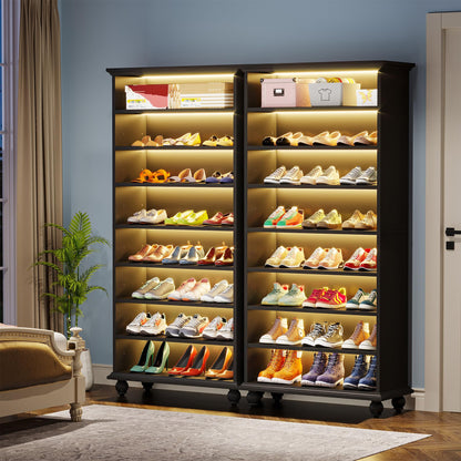 Tribesigns Narrow Tall Shoe Cabinet with LED Lighting, 9-Tier 30 Pairs Freestanding Shoes Storage Cabinet, Wood Shoe Organizer Cabinet with Solid Wooden Legs for Entryway (2, Black)
