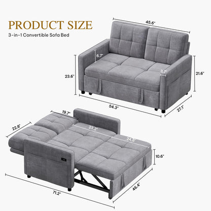 DWVO 55" Convertible Sofa Bed, 3-in-1 Sleeper Sofa with Pull-Out Couch, Velvet Futon Couch with Adjustable Backrest and USB, Modern Loveseat for Living Room Apartment, Light Grey