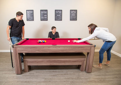 Hathaway Newport 7 Foot Dining Pool Table Combo with Game Accessories, & 2 Benches – Multifunctional Billiards Table with Ping Pong & Dining Top – Light Oak Finish, Chrome Accents, Red Felt