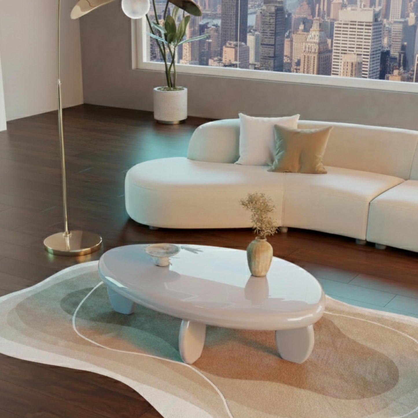 46" Modern Cobblestone Coffee Table, High Gloss Gray Oval Top with Sculptural Pebble Legs, Engineered Wood Construction, Contemporary Centerpiece for Living Rooms, Minimalist Home Interiors, Gray