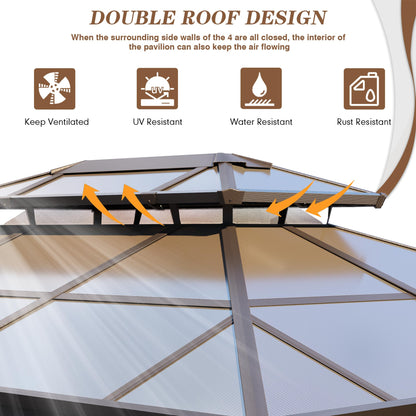 EROMMY 10' x 13' Gazebo Polycarbonate Double Roof Canopy Outdoor Aluminum Frame Pergola, Permanent Pavilion with Netting and Curtains for Garden Patio Lawns Parties