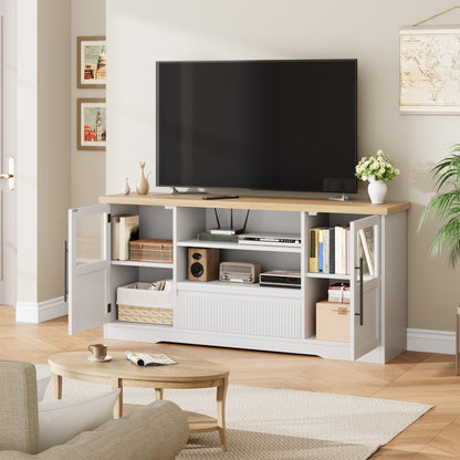 Garvee 63 in Farmhouse TV Stand for TVs Up to 72 in, Wave Pattern Entertainment Center with 2 Glass Door Cabinets & 2 Open Shelves, Sturdy Wood Media Console for Living Room, White & Natural