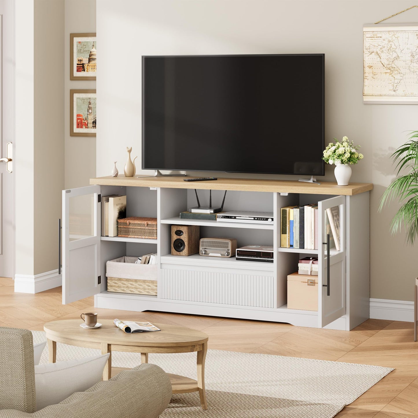 63" TV Stand for TVs up to 72" - Farmhouse Wave Design Entertainment Center with 2 Glass Door Cabinets & Open Shelves for Living Room, White & Natural