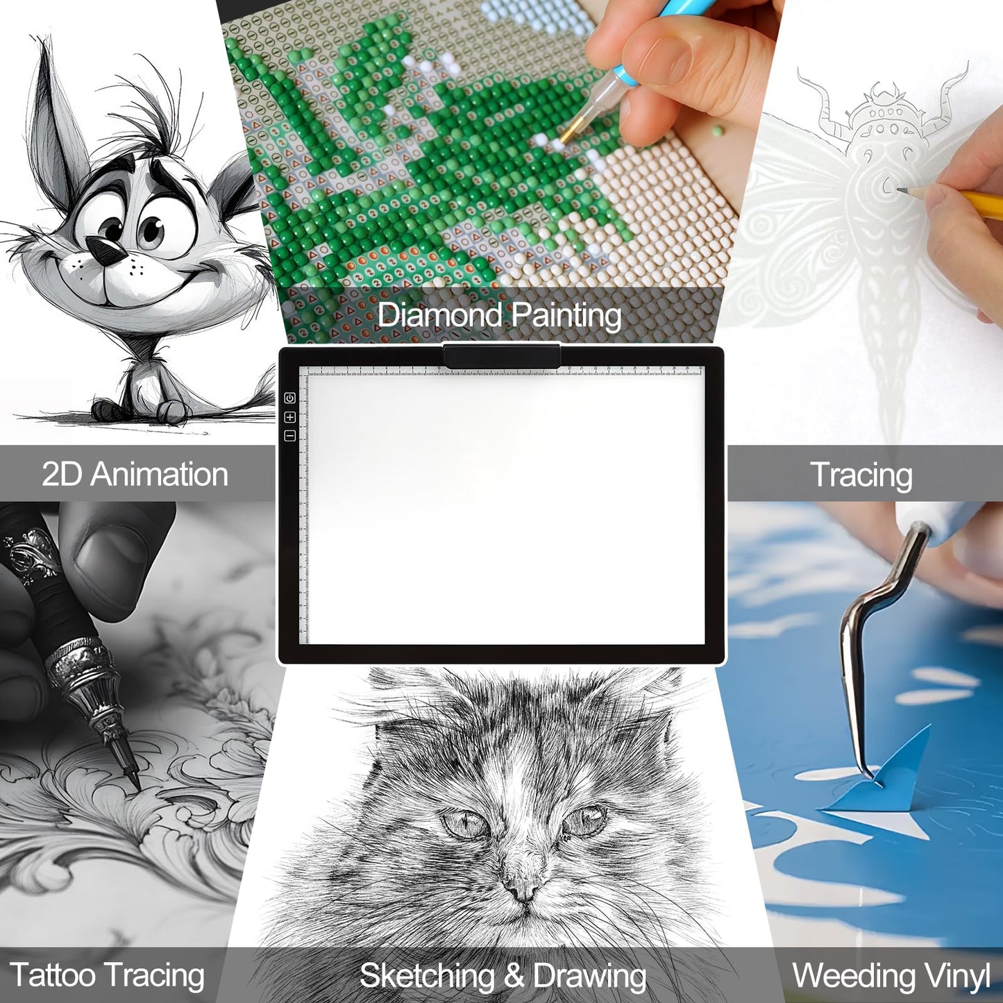 Fiqiuuiid A4 Rechargeable LED Light Pad, Tracing Light Box with 6-Level Dimmable & Light Guide artboard, Diamond Painting Light Board with Stand and Top Clip, Cordless Lightbox with Carrying Case