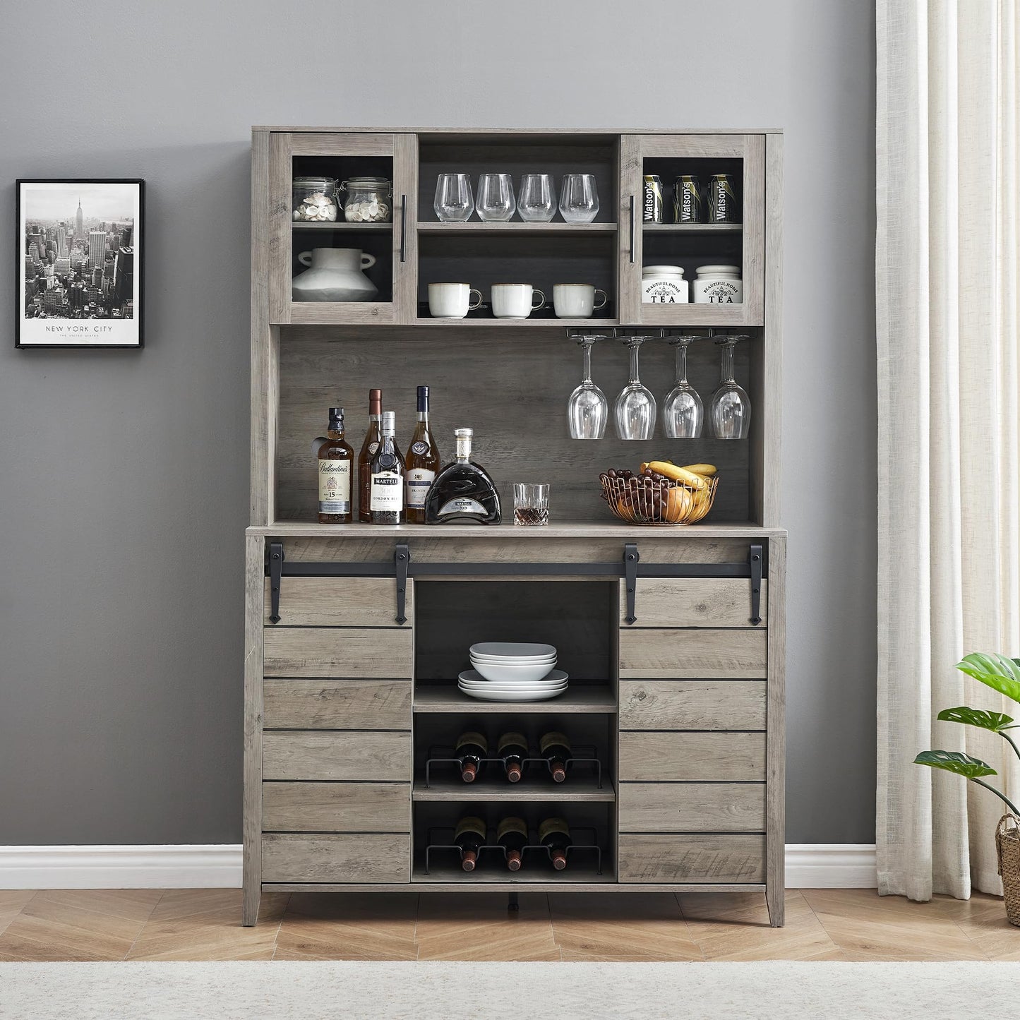 GarveeHome 70 in Tall Farmhouse Coffee Bar Cabinet, Kitchen Hutch Storage with Sliding Barn Door, Kitchen Buffet with Wine Rack, Glass Holder, Wine Bar Cabinet for Dining Room, Living Room, Gray