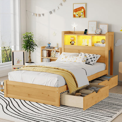 KEIKI Twin Size Wood Platform Bed Frame with Storage Headboard & Pull Out Storage Cabinet & 2 Drawers, Modern Bed with Solid Slats & Socket, No Box Spring Required, Easy Assembly, for Bedroom, Natural