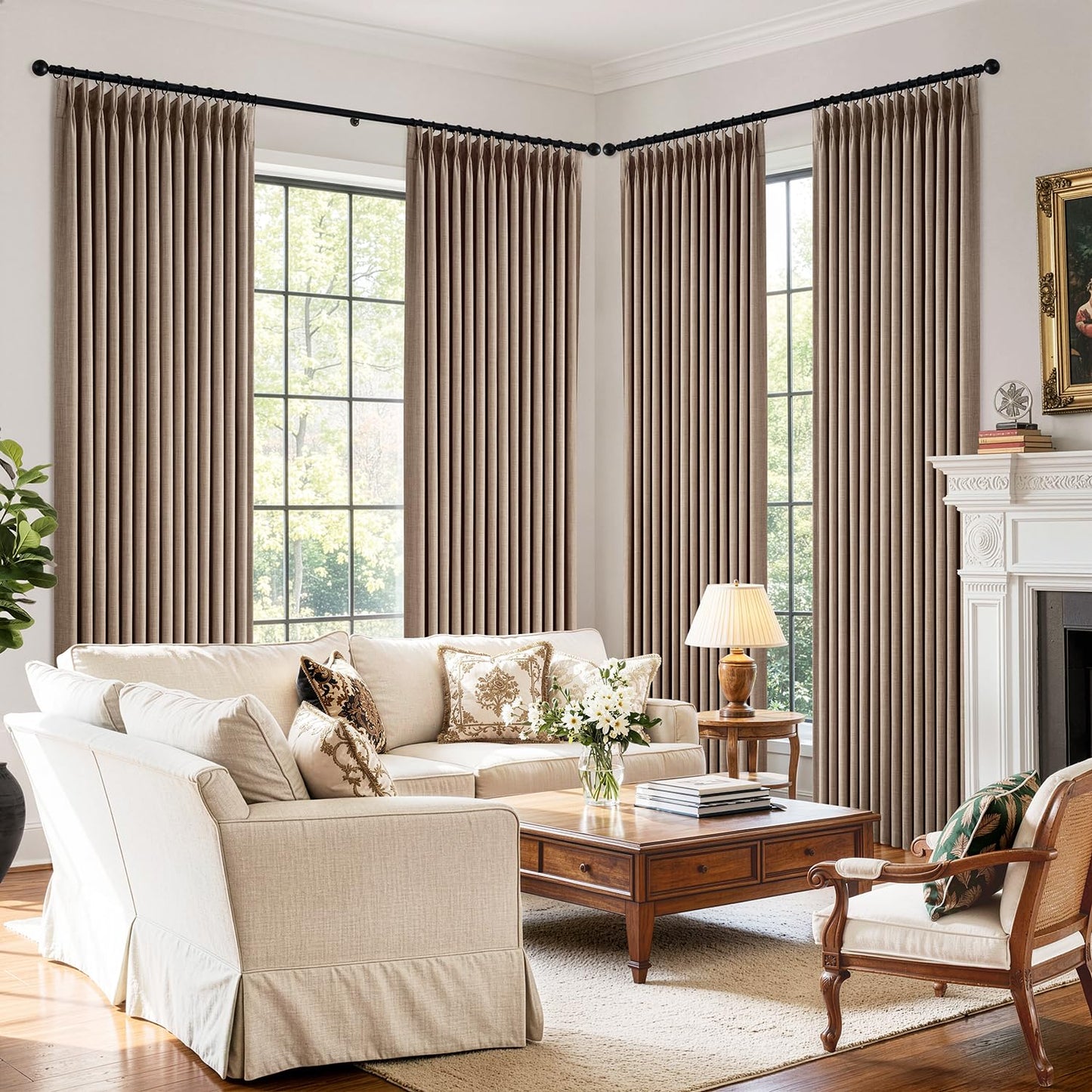 MIULEE Pinch Pleated 100% Blackout Curtains 108 Inch Long 4 Panel Set for Bedroom Thick Linen Memory Trained Pleat Living Room Darkening Back Tab Double Layer Thermal Insulated Drapes, Linen
