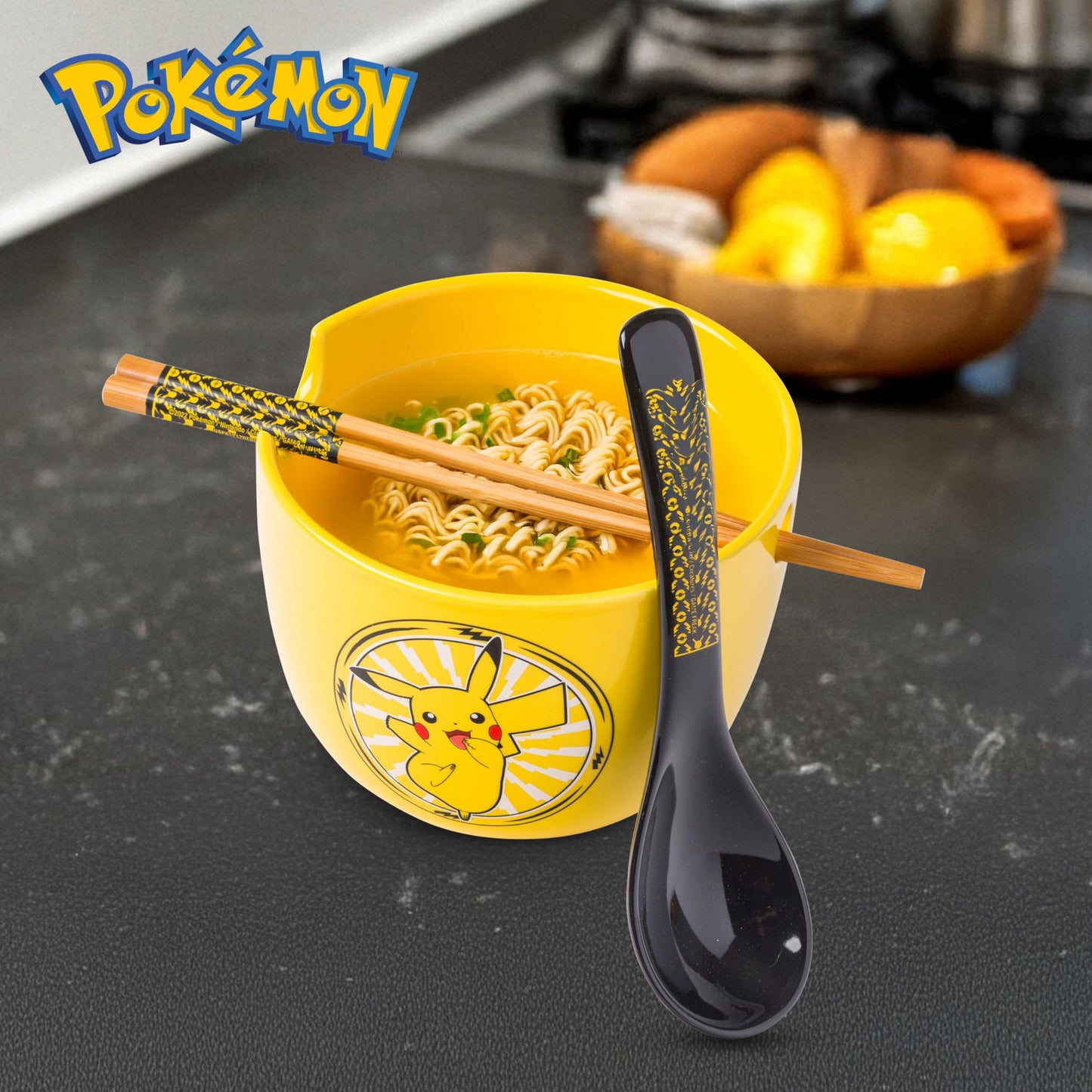 Silver Buffalo Pokemon Pikachu Electric Ceramic Ramen Noodle Rice Bowl with Chopsticks and Spoon, Microwave Safe, 20 Ounces