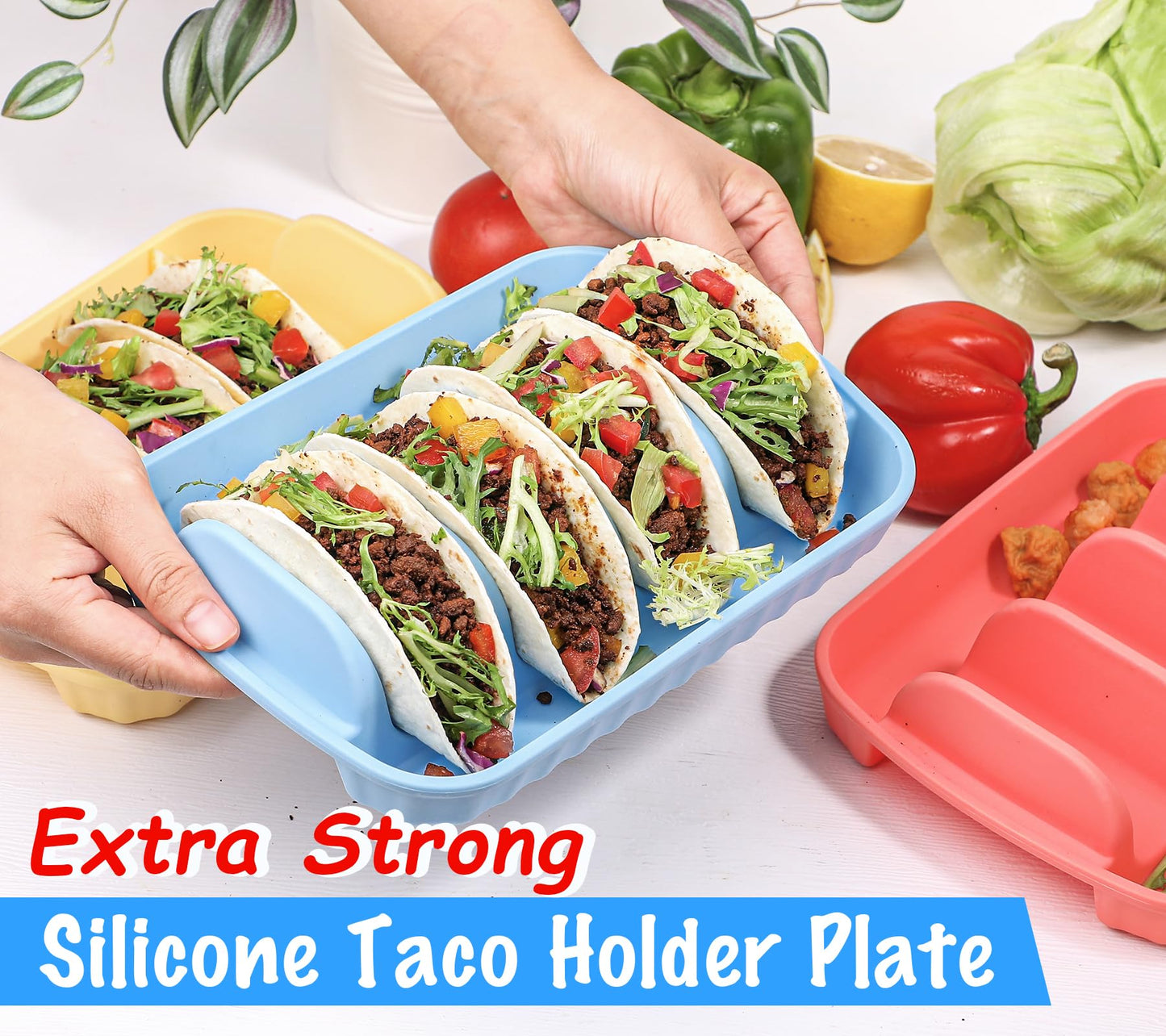 Webake 3 Packs Extra Strong Silicone Taco Holder 5mm Thickness, BPA Free & Macrowave Safe, 9.8" Large Reusable Divided Taco Plates, Effortlessly Portable & Dishwasher-Safe
