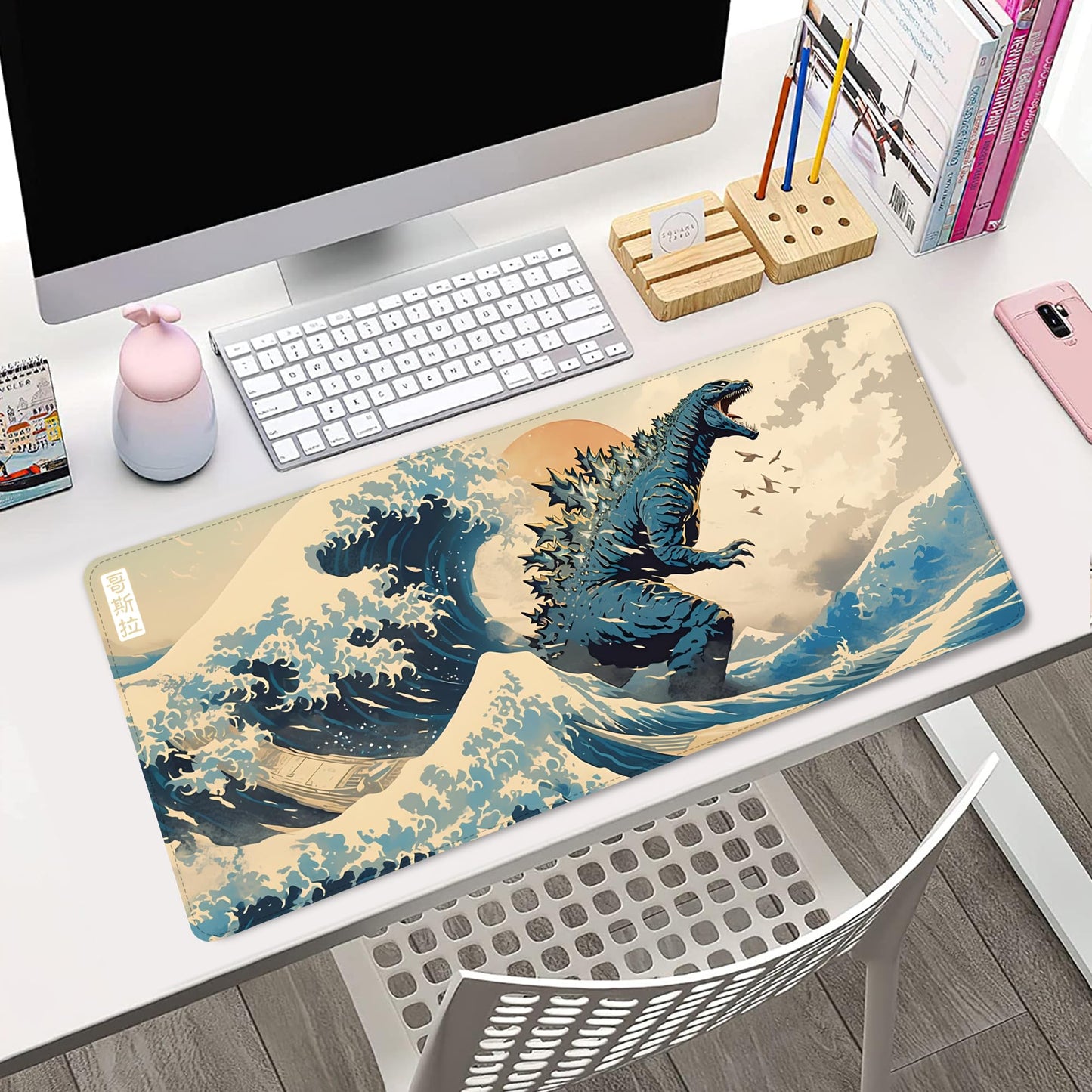 ProbTis Japanese Mouse Pad, Kanagawa Great Wave Mouse Pad, XXL Anime Gaming Keyboard Mat, Stitched Edges Rubber Base, XXL Big Extended Desk Protector for Home Office, 35.4”x15.7” (Sea Wave - Monster)