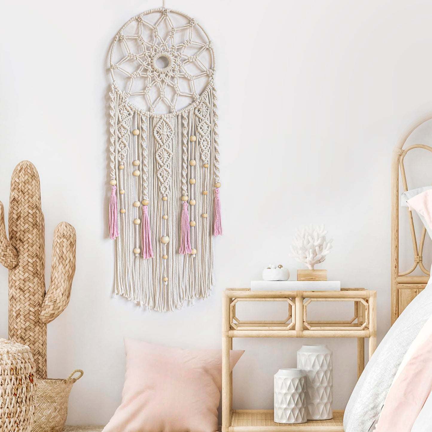 LB Boho Pink Macrame Wall Hanging Flower Dream Catcher Handmade Woven Cotton Tapestry with Wood beads Modern Aesthetic Wall Art Decor for Home, Bedroom, Living Room