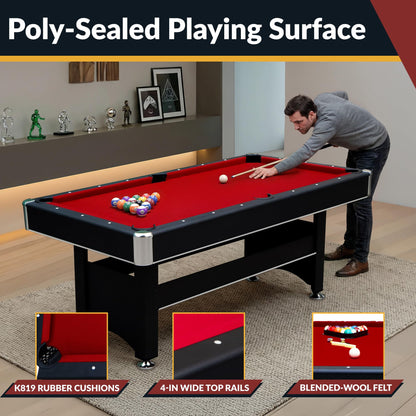 Hathaway Spartan 2-in-1 6ft Pool Table with Ping Pong Top for Game Room – With Red Felt, Engineered Wood Frame, Drop Pockets, Cues, Balls, Triangle, Chalk, Net, Paddles, Balls – Black Finish