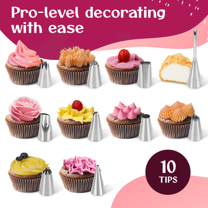 Cake Decorating Kit – Reusable 16" & 14" Cotton Piping Bags with 10 Large Stainless Steel Icing Tips – Durable, Food-Grade & Dishwasher Safe