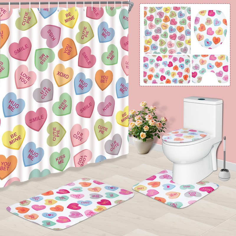 Hauwellter 4 Pcs Valentines Day Shower Curtain Sets, Pastel Heart Valentine Bathroom Set with Shower Curtains and Non Slip Rug Toilet Lid Cover U Shaped Bath Mat, Valentines Day Bathroom Decorations