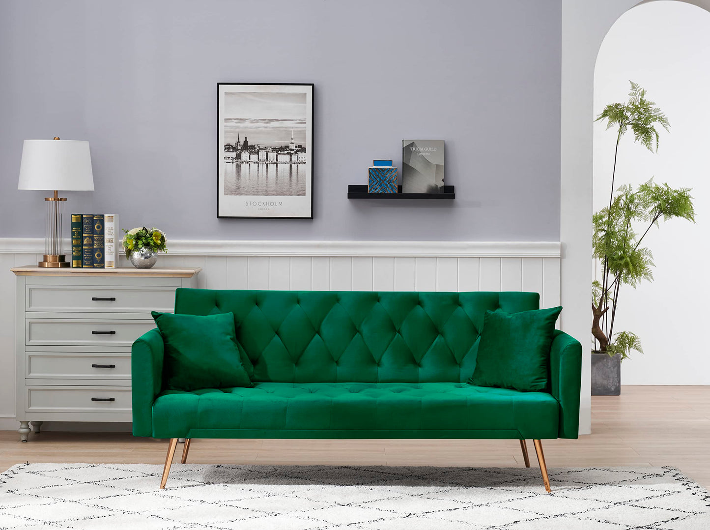 ERYE 71-Inch Soft Velvet Futon Sofa Bed Upholstered Tufted Futon Daybed W/Golden Leg & 2 Pillows,Modern Loveseat Couch Convertible Sleeper Sofabed for Home Apartment Office