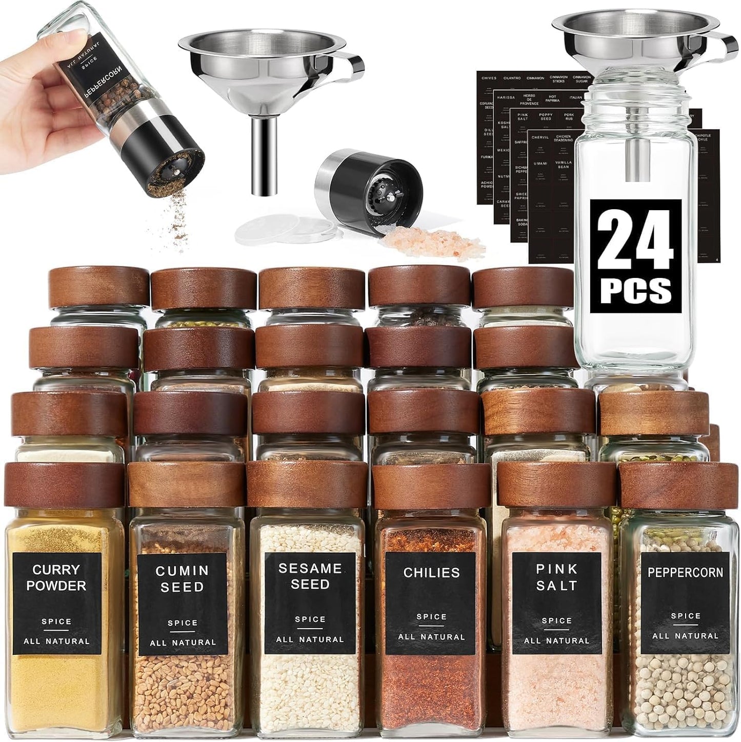 24Pcs Labels-4OZ Yangbaga Glass Spice Jars with Wood Lid Square Spice Containers with Pepper Grinder Lids