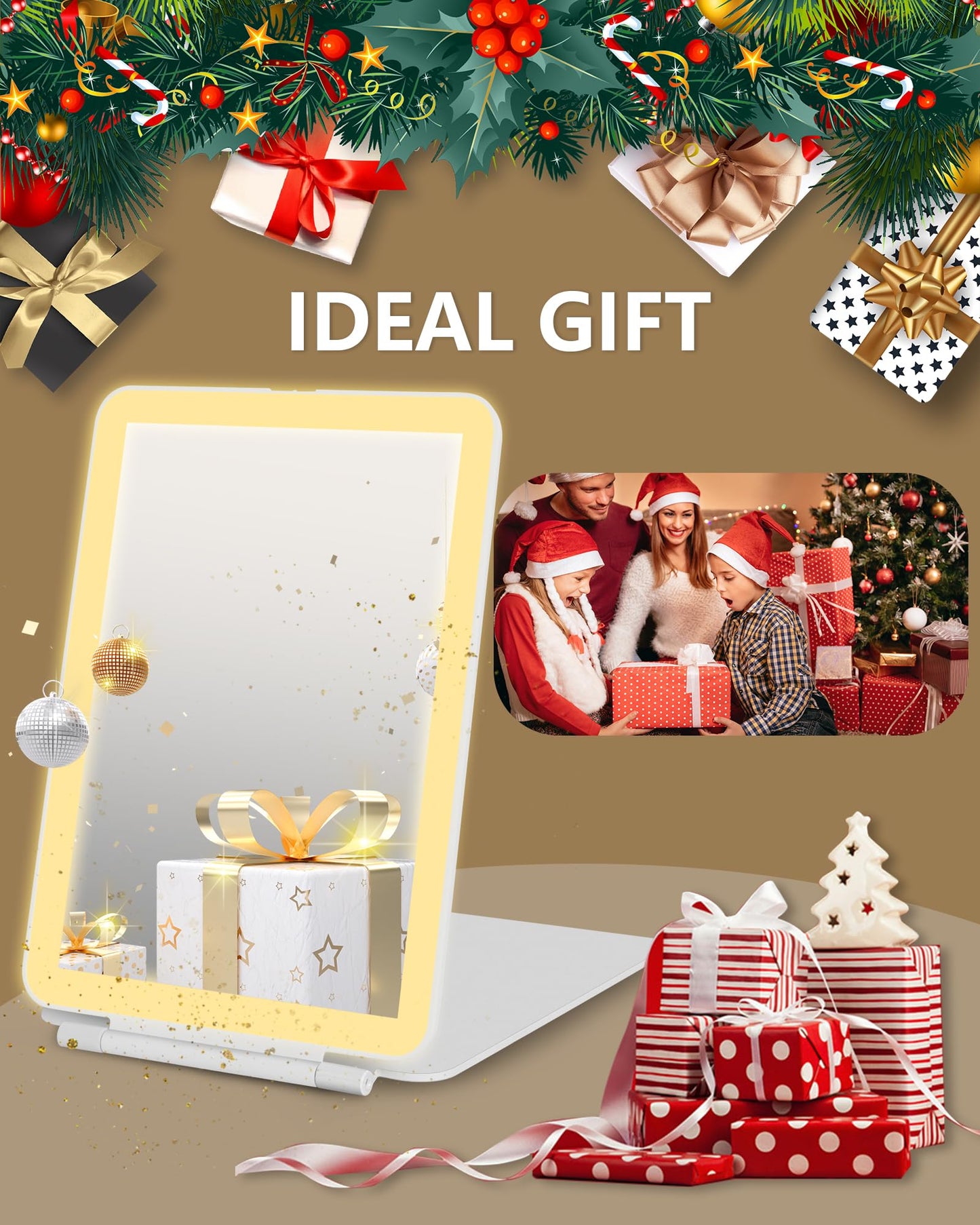 Travel Mirror with Lights Makeup Mirror Touch Screen 3 Colors Light 72 LEDs Rechargeable, 1000mHA 7.9x5.3-Inch Desk Compact Mirror White
