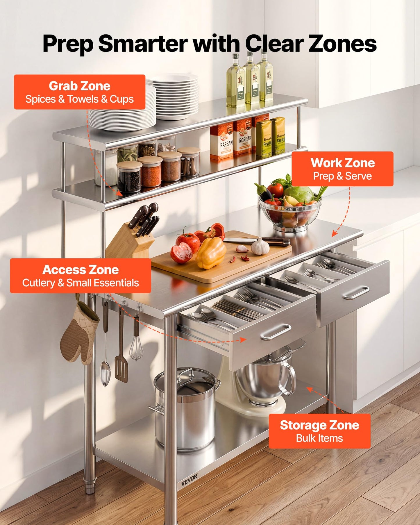 VEVOR Stainless Steel Work Table, 24x48 Inch Food Prep Table with Overshelves and 2 Drawers, Commercial Kitchen Workstation with Adjustable Undershelf, Metal Utility Worktable, for Restaurant Garage