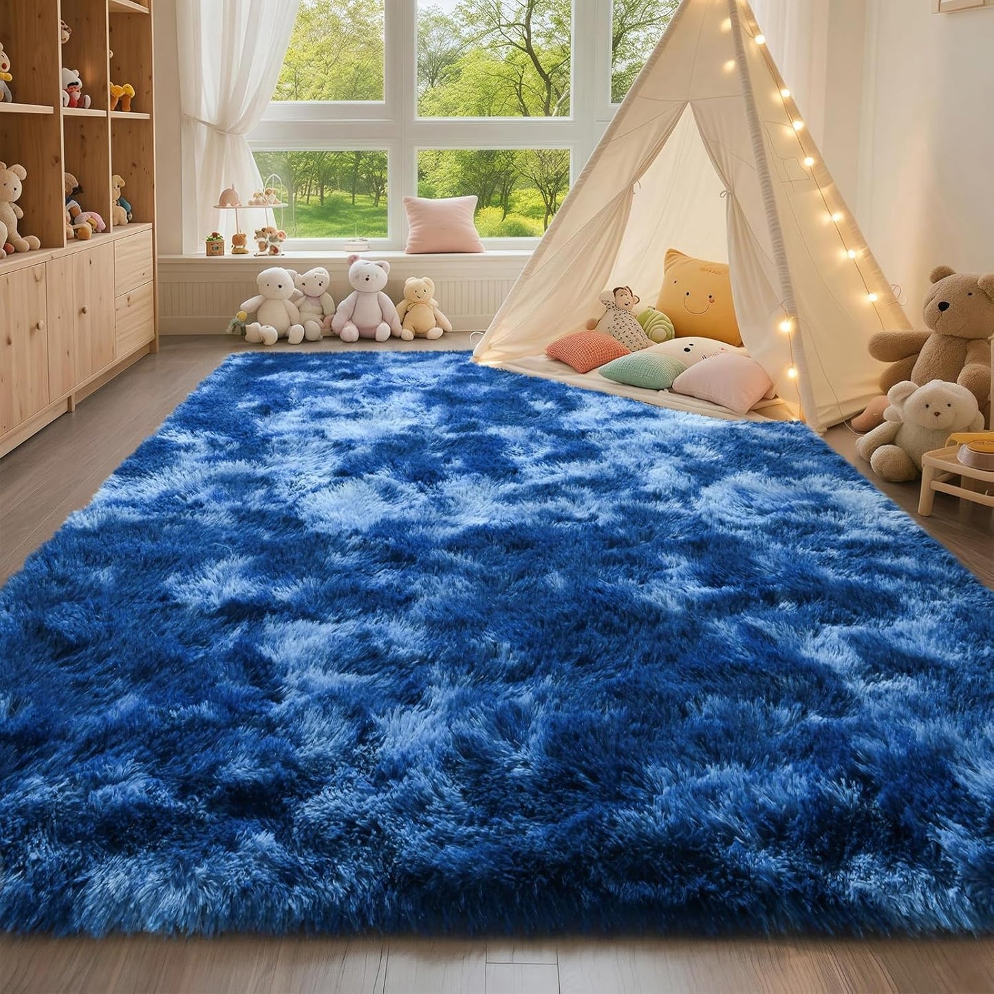 5x8 HQAYW Area Rugs for Living Room, Tie-Dyed Navy Blue Ultra Soft Fluffy Washable Non-Slip Rug, Plush Shaggy Modern