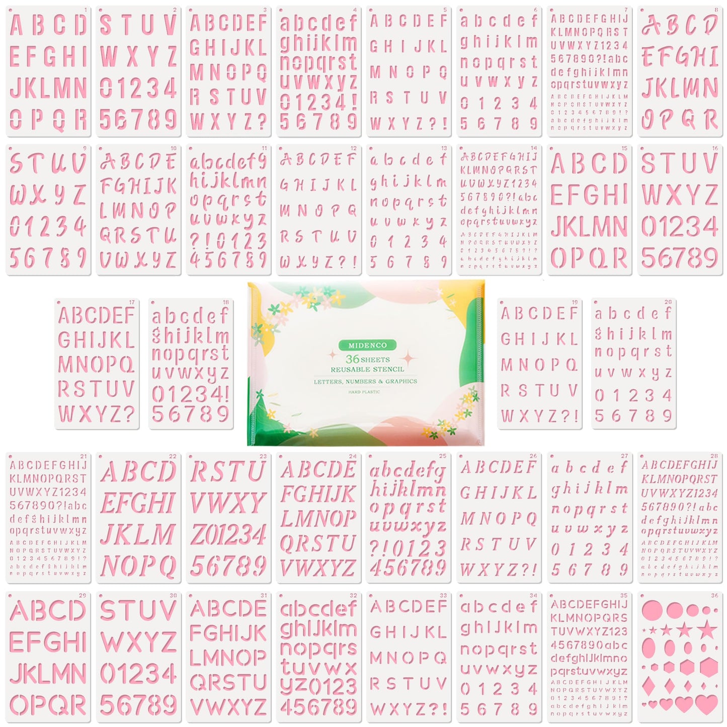 Midenco Reusable Small Letter Stencils for Painting, 36 Pcs (1/4, 1/2, 3/4, 1, 5/4 in.) Plastic Templates with Number & Alphabet - DIY Crafts