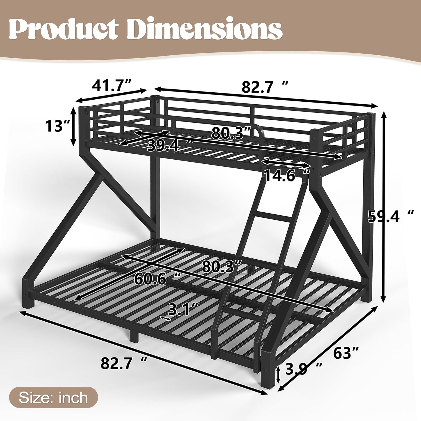 Bellemave Twin XL Over Queen Metal Bunk Bed,Low Profile Floor Bunk Bed Frame with Angled Ladder, Heavy Duty & Noise-Free Design for Kids, Teens & Adults, Black