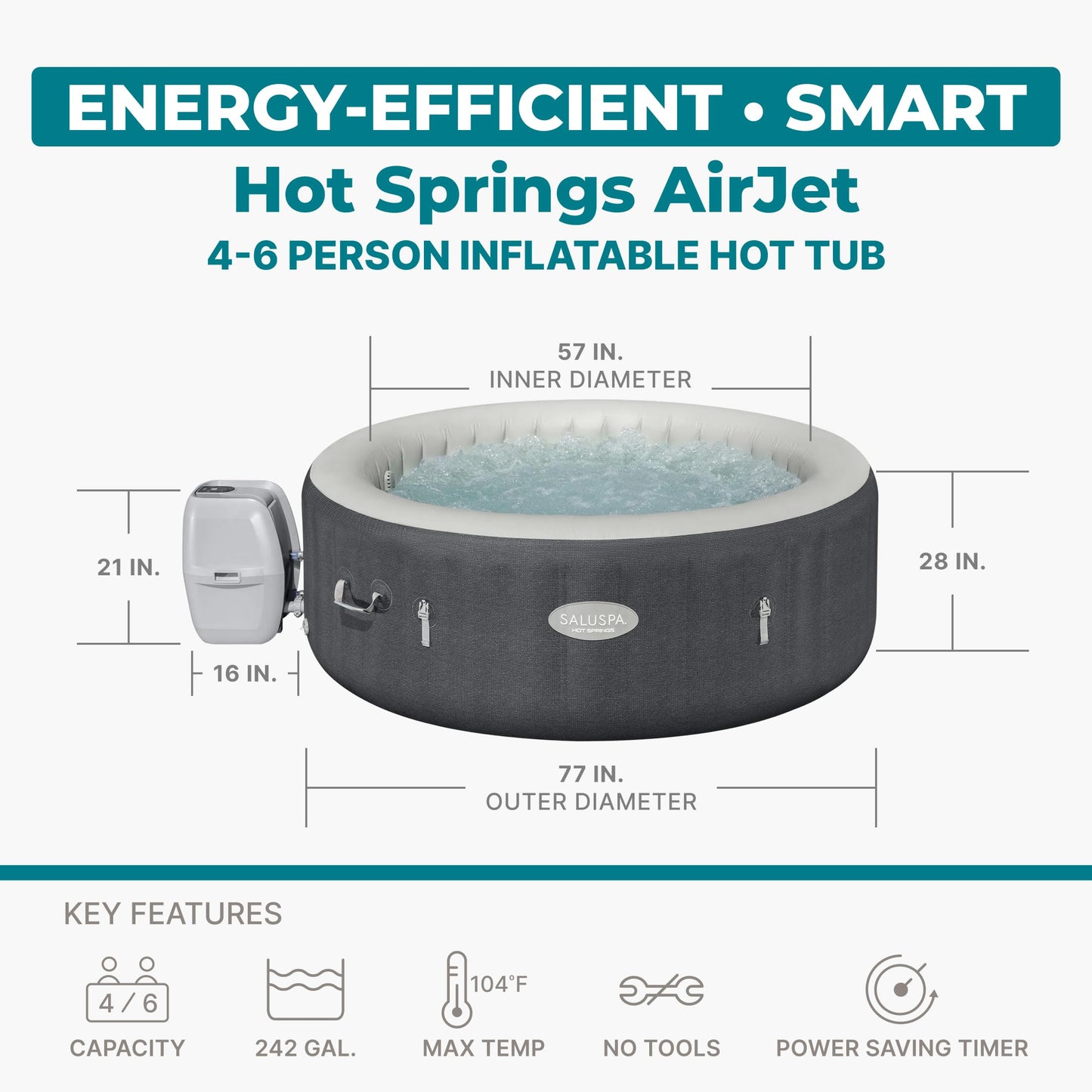 Bestway SaluSpa Hot Springs Inflatable Hot Tub, Fits Up to 4-6 Persons, Energy-Efficient Portable Spa with Smart WiFi App Control, Outdoor Blow Up Hottub for Backyard, 140 AirJets, 77" x 28" Round