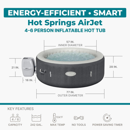 Bestway SaluSpa Hot Springs Inflatable Hot Tub, Fits Up to 4-6 Persons, Energy-Efficient Portable Spa with Smart WiFi App Control, Outdoor Blow Up Hottub for Backyard, 140 AirJets, 77" x 28" Round