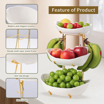 Leijosya Elegant 3-Tier Ceramic Serving Bowl Set with Gold Stand, White Decorative Display Bowls for Fruits, Desserts, Appetizers