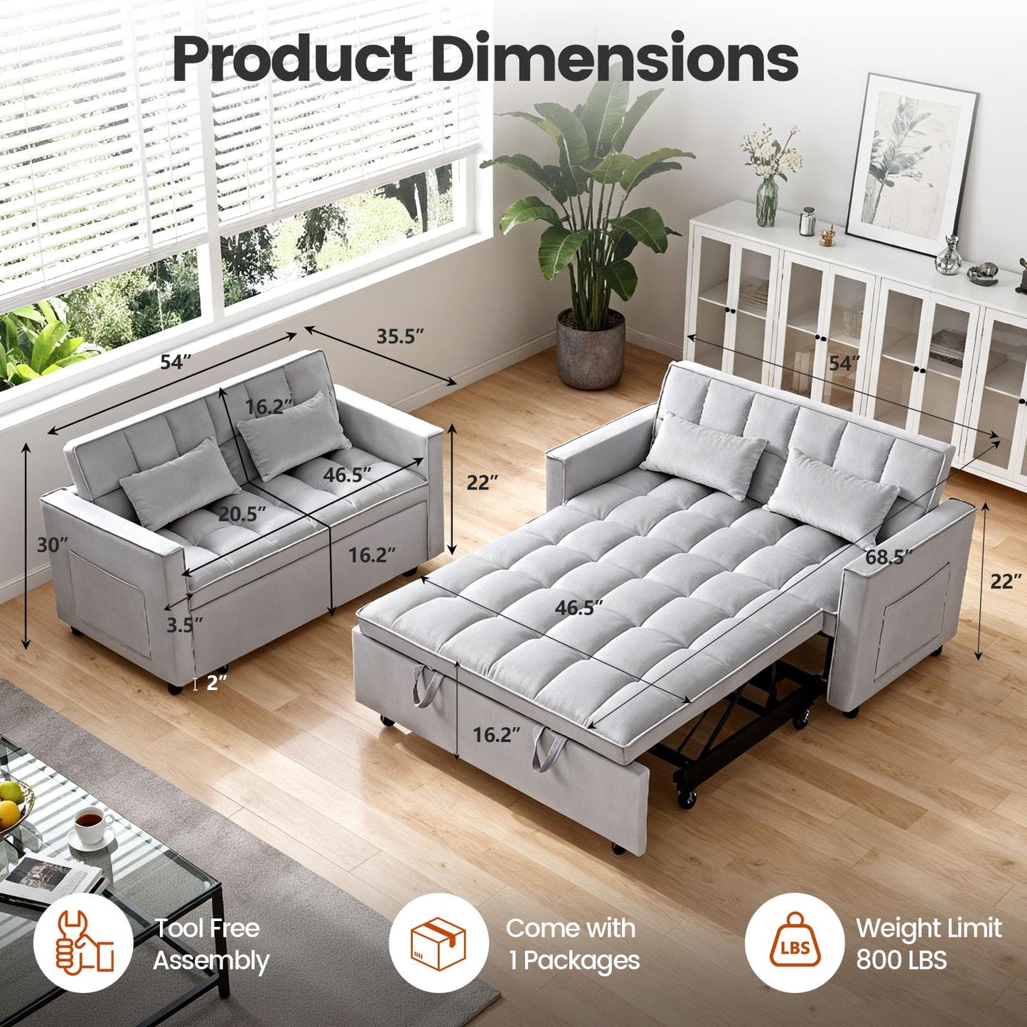 Trygoal Convertible Sofa Bed, Pull Out Couch with Side Pockets, 3 in 1 Velvet Fabric Loveseat Sleeper Sofa Bed, Pull Out Couch with Adjustable Backrest for Living Room, Bedroom, Apartment, Light Gray