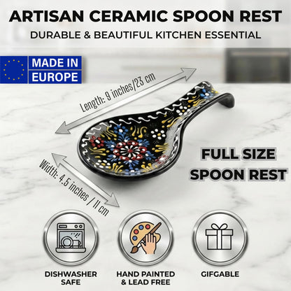 BCS Ceramic Spoon Rest, Large 9” Hand Painted Spoon Holder for Stove Top & Kitchen Counter, Dishwasher Safe & Heat Resistant Utensil Holder, Floral Kitchen Decor, Handmade Pottery