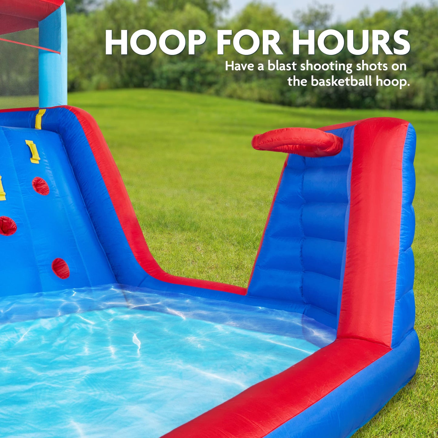 Sunny & Fun Four Corner Inflatable Water Slide Park – Heavy-Duty for Outdoor Fun - Climbing Wall, Slide & Deep Pool – Easy to Set Up & Inflate with Included Air Pump & Carrying Case