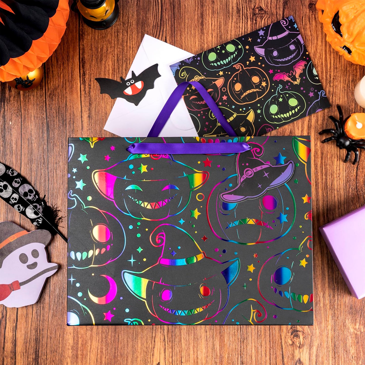 LeZakaa Halloween Wrapping Paper Roll & 13" Gift Bag with Tissue Paper, Gift Tag, and Card, Evil Pumpkin Fluorescent Black