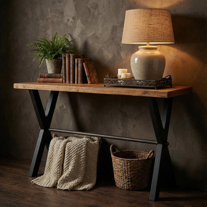 Cortesi Home Austin Console Table, Solid Reclaimed Wood with Black Wood Legs, Honey Pine