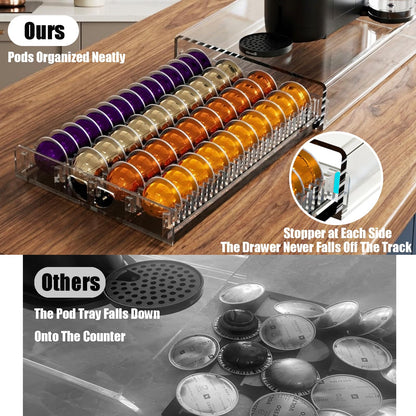 Heavy Duty Crystal Acrylic Coffee Pods Holder Drawer, Compatible for All Nespresso Vertuo Pods, Great Capacity Holds up to 60 Small or 40 Big Vertuoline Pods