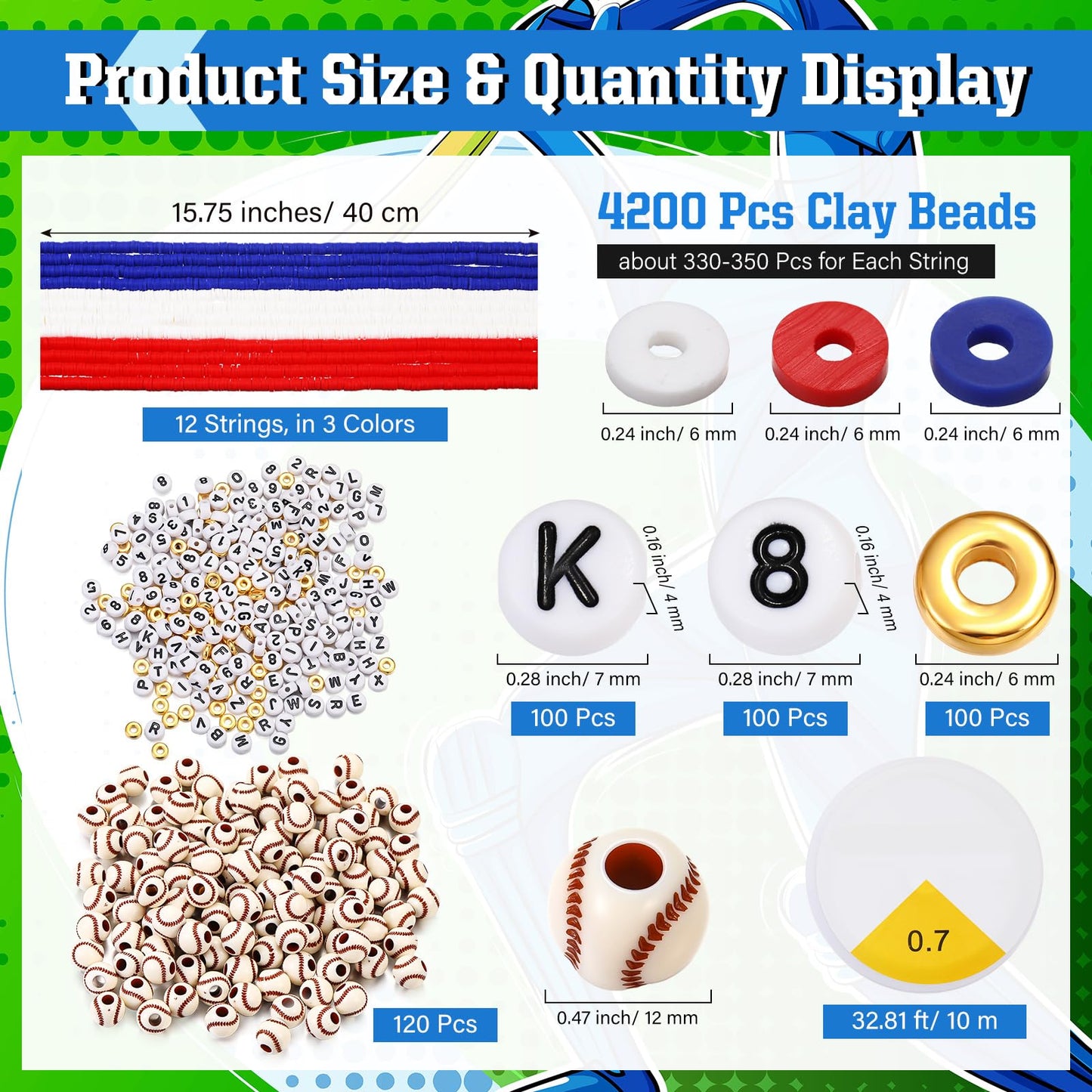 Ferreve 4200 Pcs Baseball 12 Strands Clay Beads Bracelet Making Kit, 100 Letter and Number Beads, 120 Baseball Acrylic with Gold Spacer, Charm Bracelet Kit for Sport Party