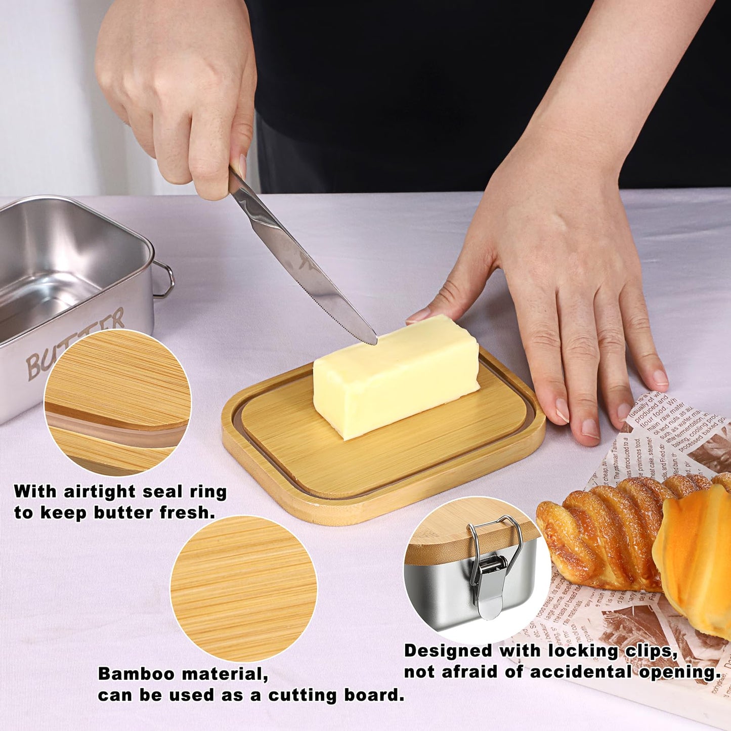 BSTKEY Stainless Steel Butter Dish with Lid for Countertop, Butter Holder with Silicone Sealing for Kitchen, Food Container for Picnic, Unbreakable Butter Keeper, Holds 1 Stick East Coast Butter