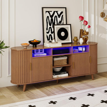 PLRSOZIM 70" Tambour TV Stand with LED Lights, Mid-Century Modern Fluted Sliding Tambour Doors, Fits up to 75" TVs, Media Console with Storage Cabinets, Entertainment Center for Living Room & Bedroom