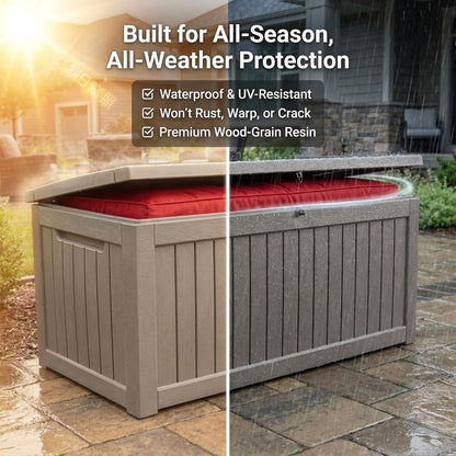 180 Gallon Resin Deck Box - Lockable Waterproof Storage for Patio Furniture & Garden Tools | All-Weather Wood Grain Design