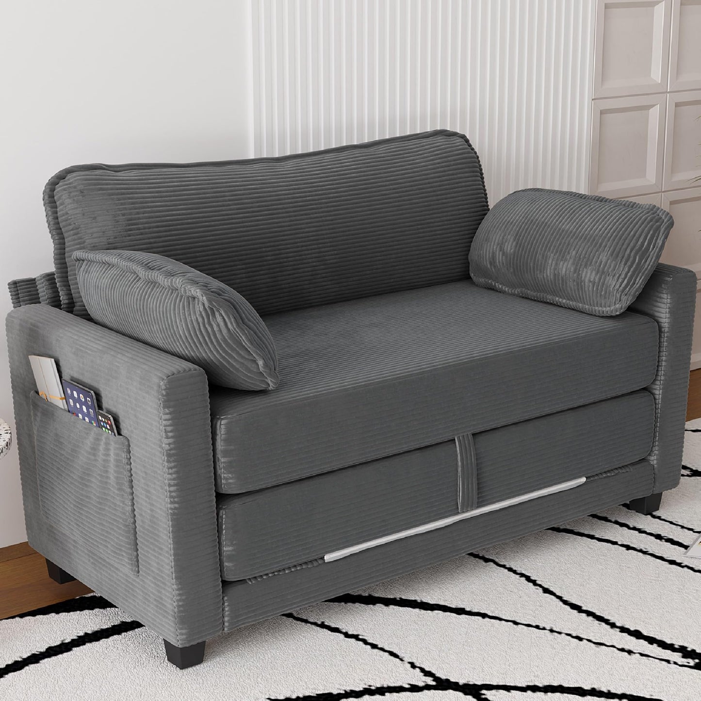 KEIKI Convertible Sofa Bed, 2 in 1 Corduroy Loveseat Folding Couch Bed with Storage, Chaise Lounge Chair & Floor Futon Sleeper Love Seating for Small Apartment Guest Living Room, Easy Assembly, Grey