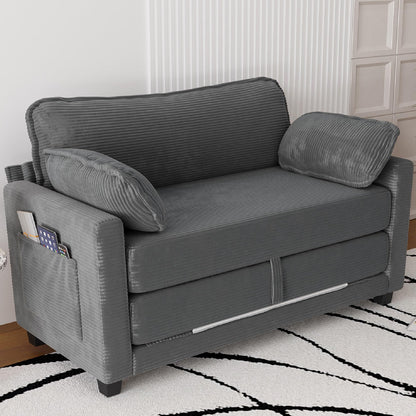 KEIKI Convertible Sofa Bed, 2 in 1 Corduroy Loveseat Folding Couch Bed with Storage, Chaise Lounge Chair & Floor Futon Sleeper Love Seating for Small Apartment Guest Living Room, Easy Assembly, Grey