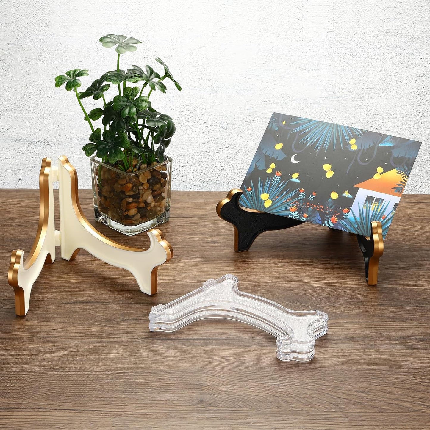 PATIKIL 5" Acrylic Decorative Plate Stand Holder, Foldable Picture Easel Frame for Photos, Card, Canvases, Black Gold