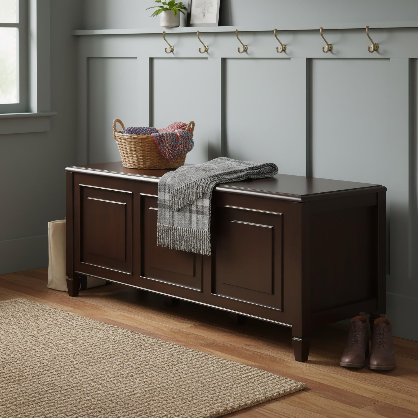 SIMPLIHOME Connaught Entryway Storage Bench - 51 inch Wide Solid Wood Storage Trunk Seat in Dark Kona Brown, Traditional Bench for Entryway or Living Room with Lift-Up Lid and Decorative Moulding